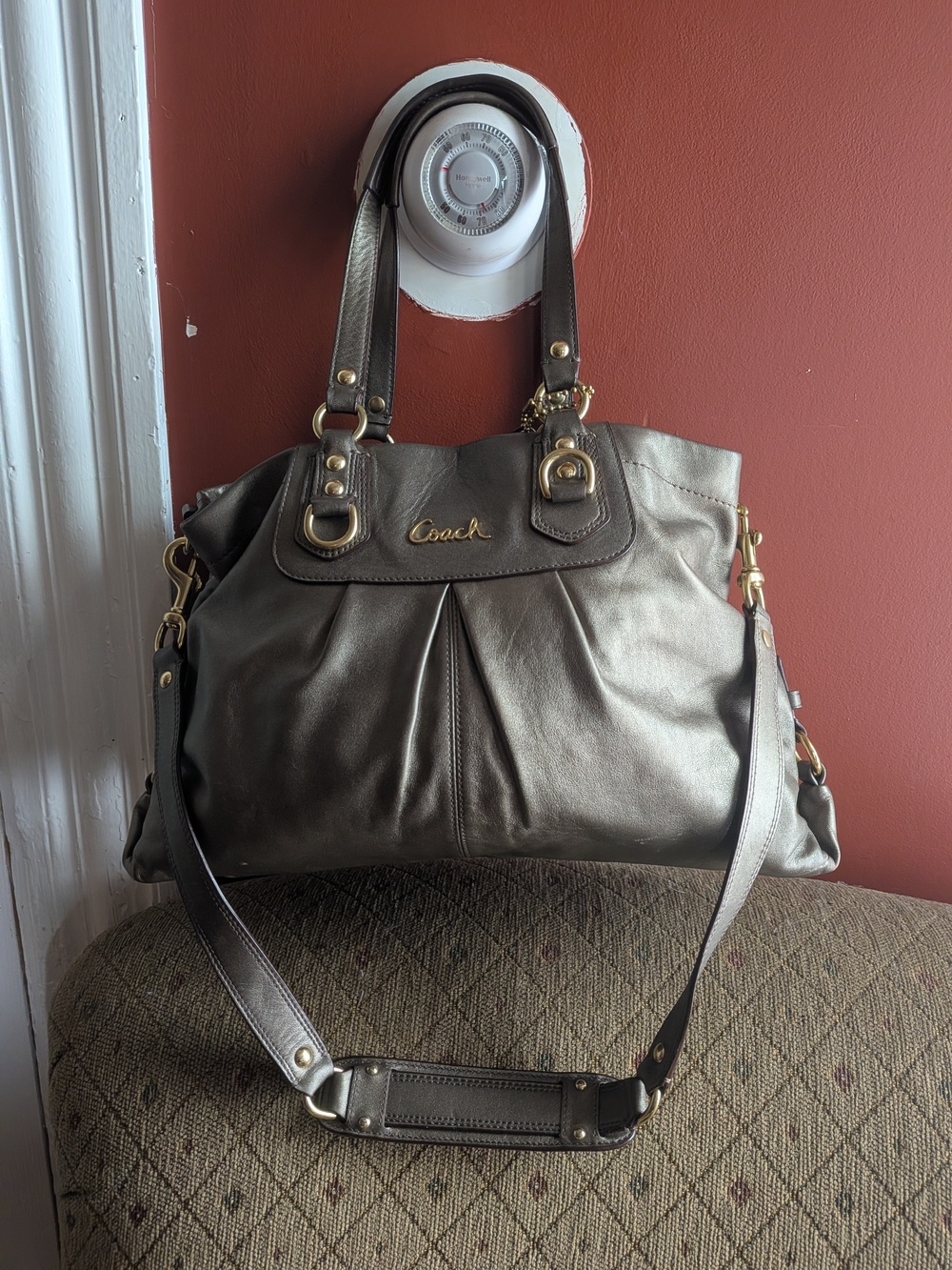 Coach Metallic Pewter Crossbody & Shoulder Bag with Gold Hardware